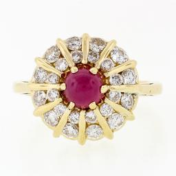 14k Gold 1.67 ctw Cabochon Ruby & Dual Round Channel Diamond Platter Cocktail Ri