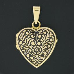 NEW 14k Yellow Gold Engraved Floral Work w/ Black Enamel Heart Locket Pendant