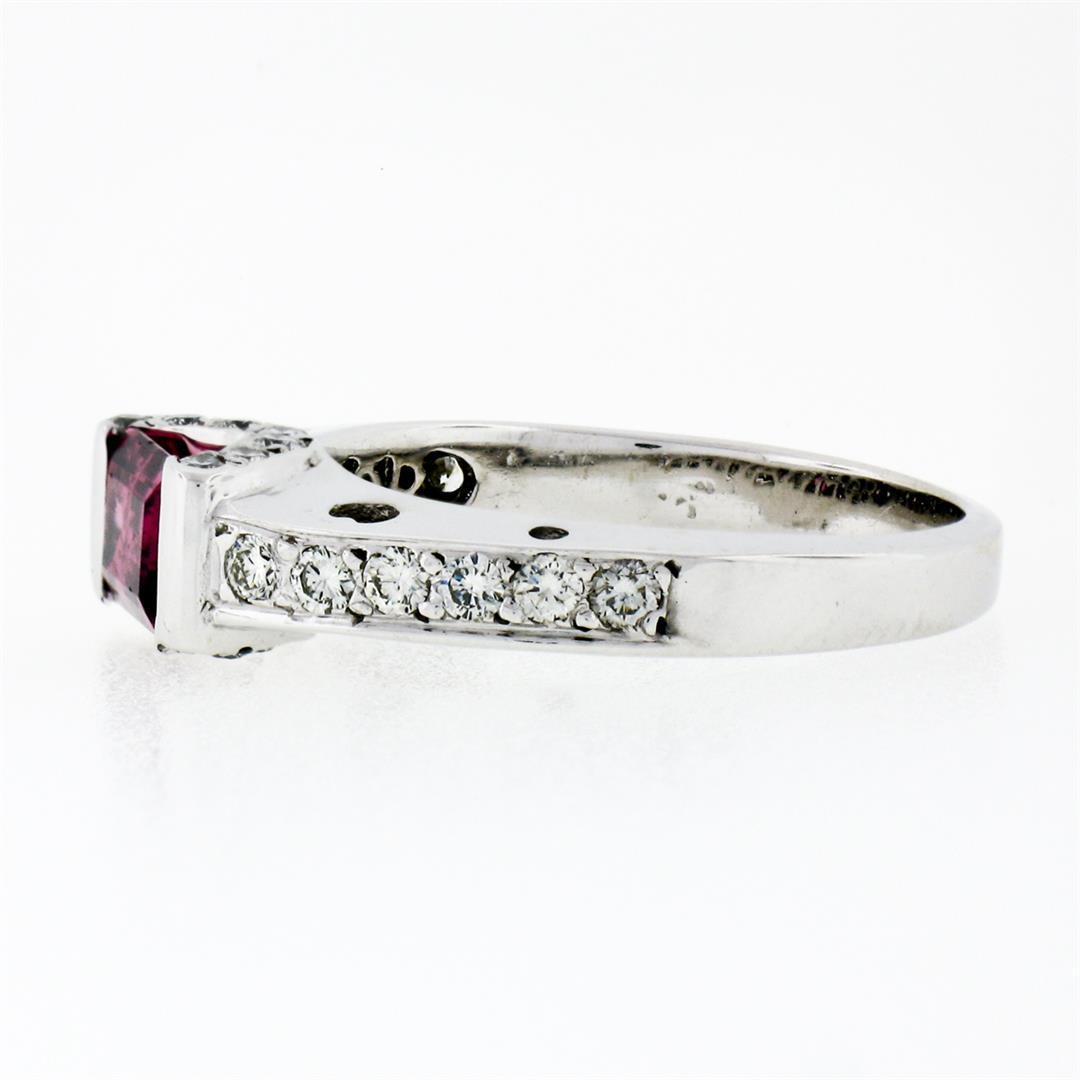 18k White Gold 2.05 ctw Emerald Cut Pink Tourmaline & Round Diamond Band Ring