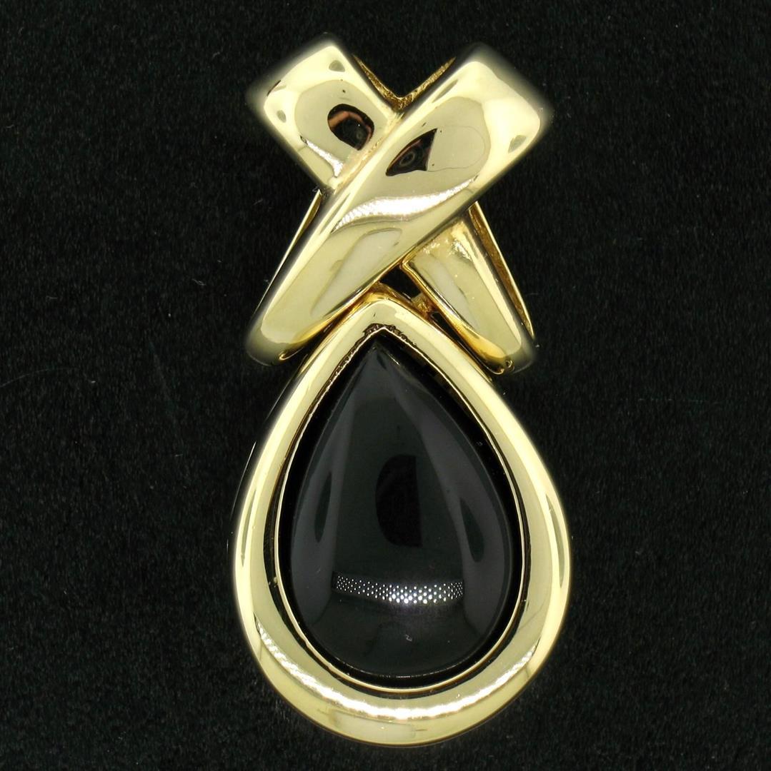 14k Solid Yellow Gold Pear Shaped Cabochon Bezel Black Onyx Teardrop "X" Pendant
