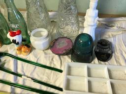 Decorative glassware, milk-glass, and bottles.
