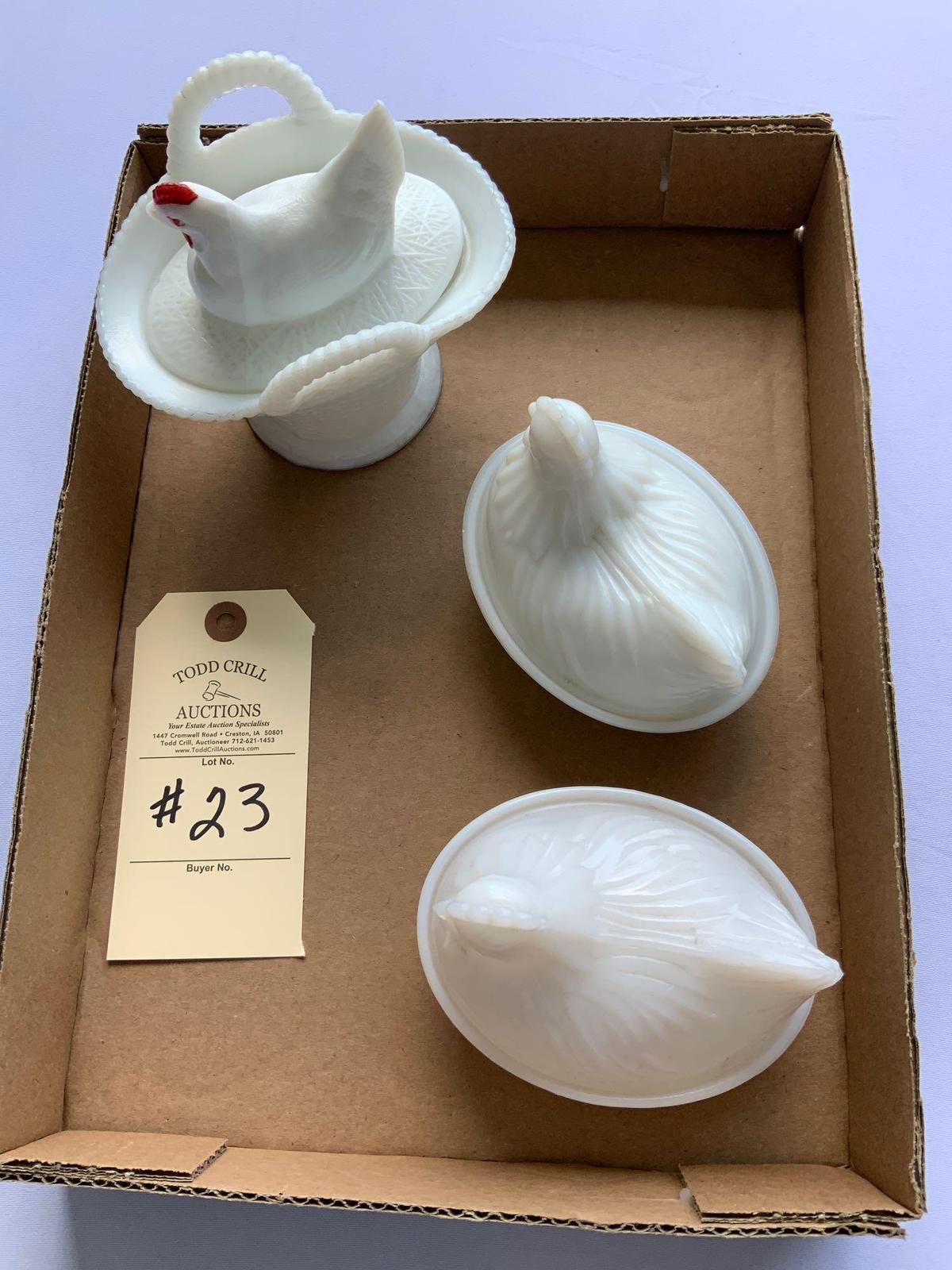 3 MILK GLASS HENS ON NESTS COVERED DISHES