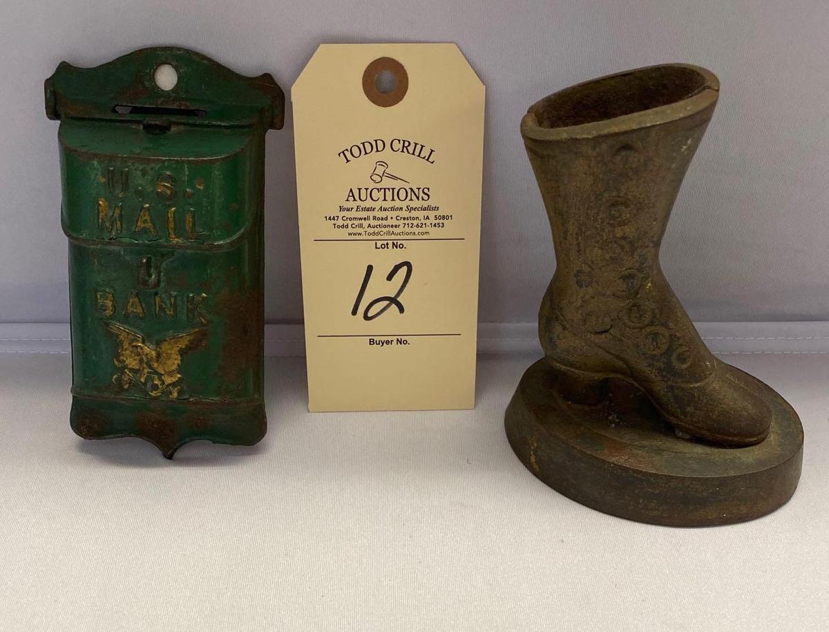 CAST IRON US MAIL BANK AND SHOE
