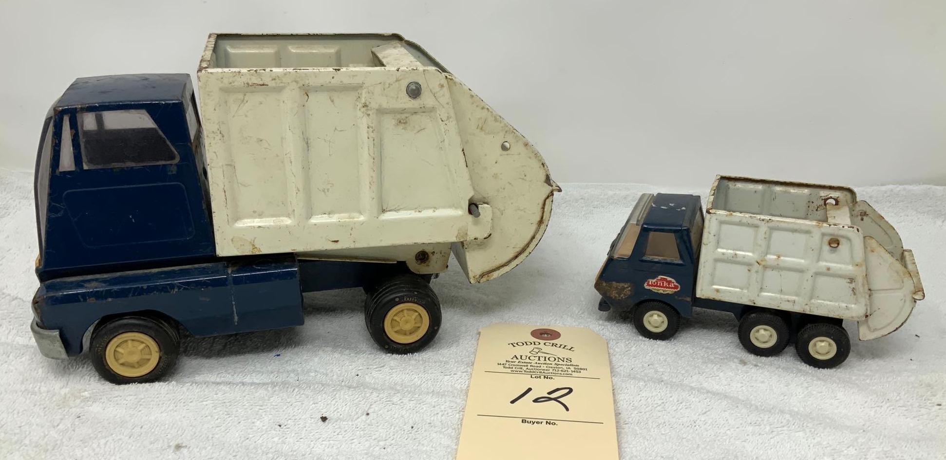 Two Vintage pressed steel Tonka Toys blue and white garbage trucks