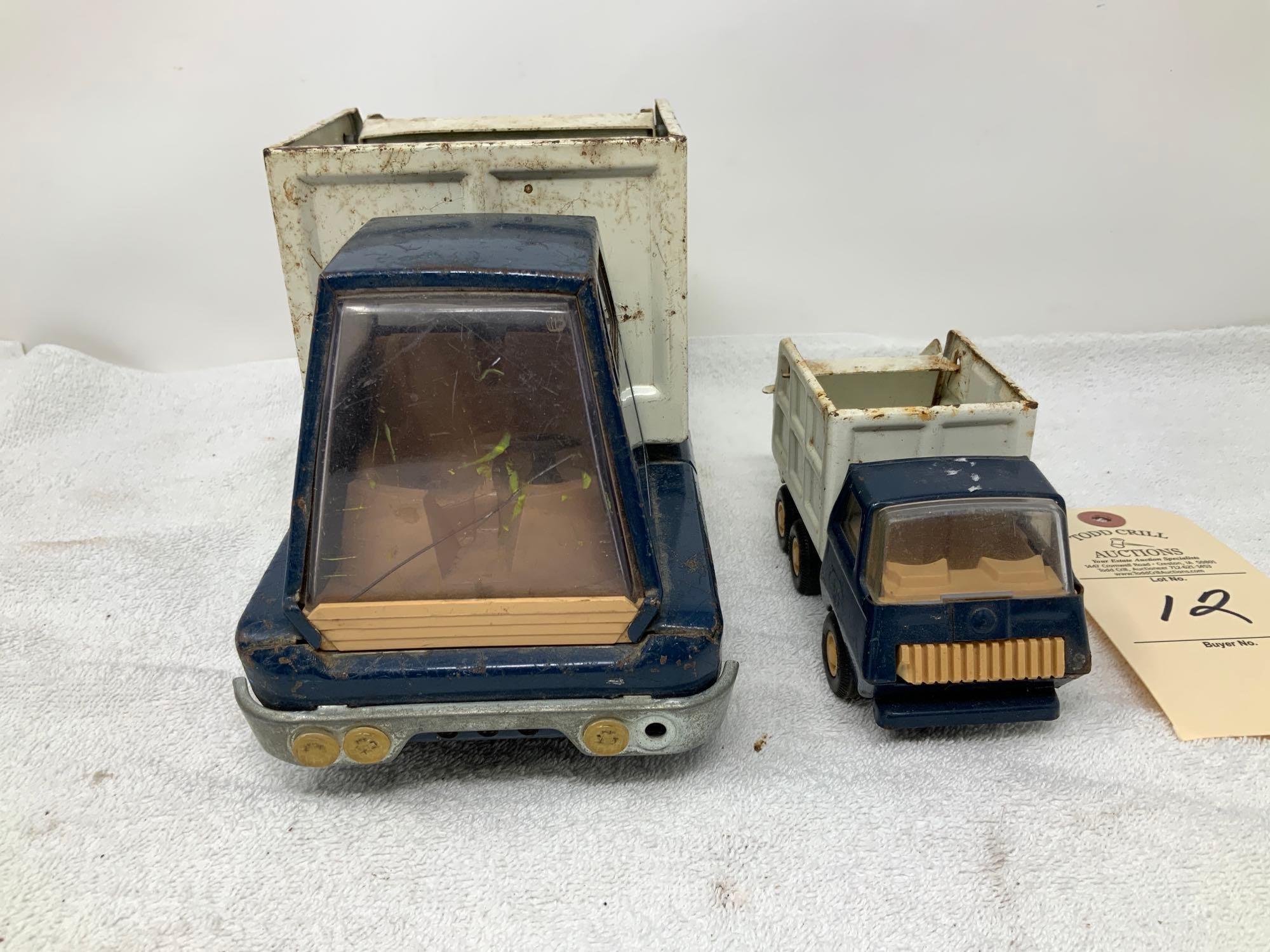 Two Vintage pressed steel Tonka Toys blue and white garbage trucks