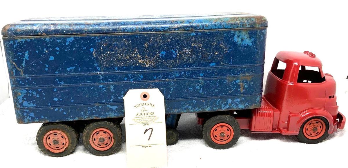 Antique Wyandotte Toys red and blue pressed steel semi truck and trailer