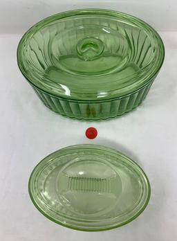 Two vintage oval green depression glass refrigerator dishes