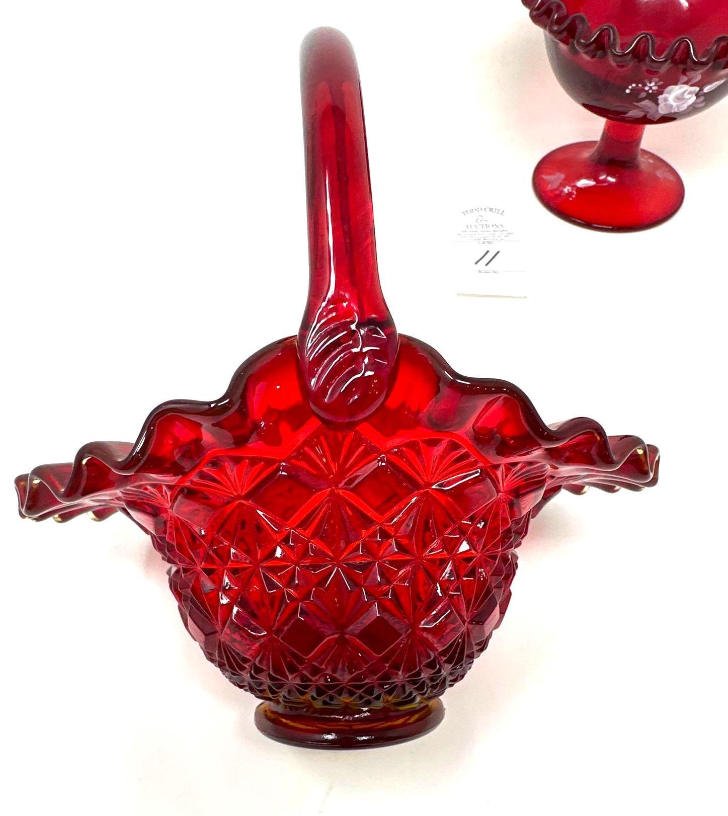 Vintage red Fenton basket and hand painted red candy dish