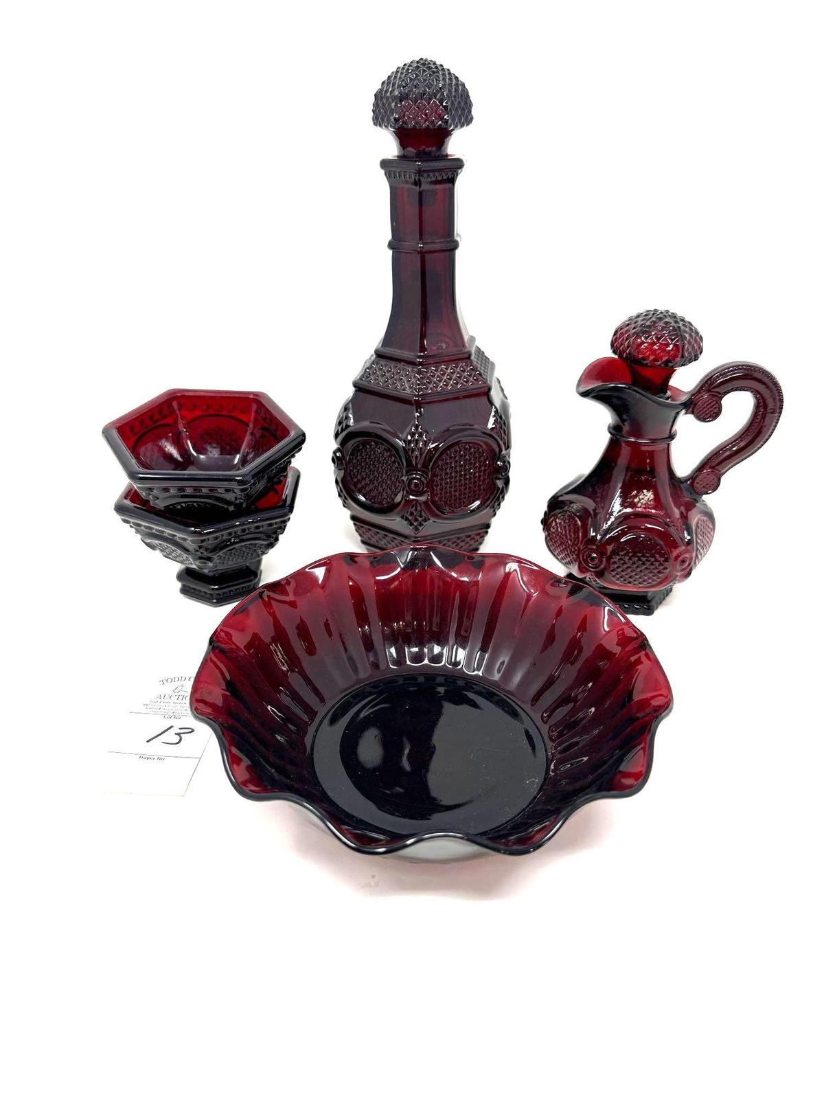Vintage red Avon decanters, candle holder and fluted bowl