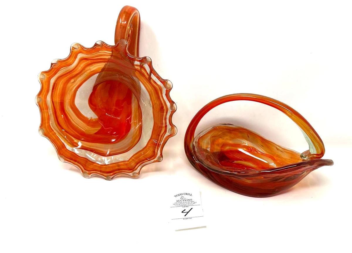 Two vintage art deco glass red and orange dishes