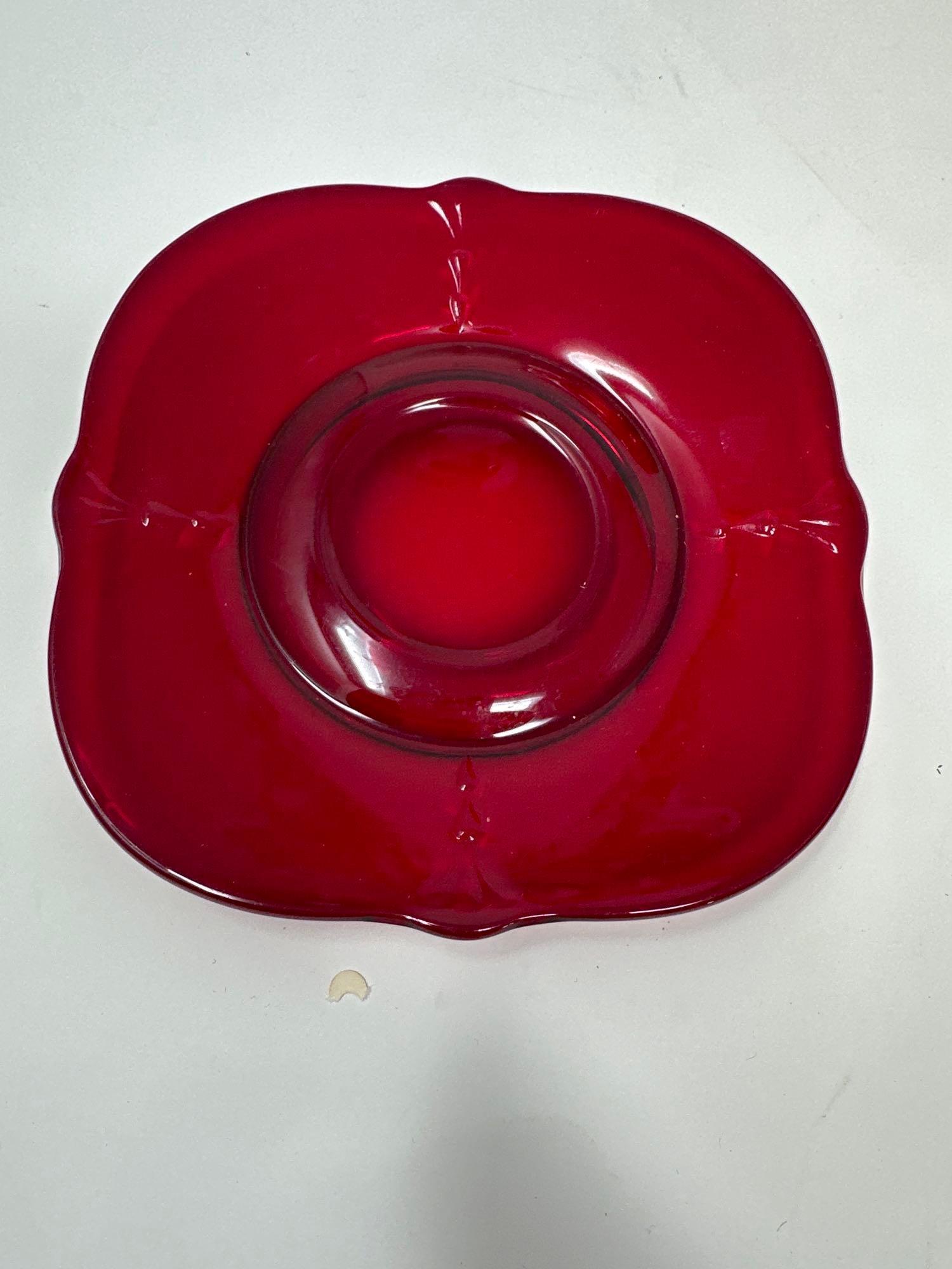 Vintage red 9 in. plate and 2 cups and saucers