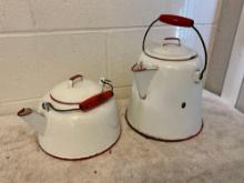 white w/red enamel coffee pot & white w/red enamel tea pot