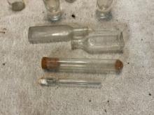 flat of apothecary bottles, ink wells, & similar glass items