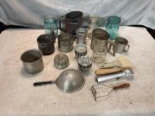flat of fruit jars & vintage kitchen utensils