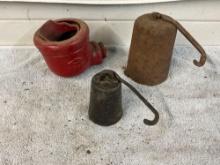 (2) antique scale weights & A.Y. McDonald cast iron well pump water diverter cup handle