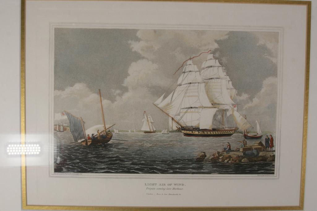 "Light Air of Wind" Frigate Coming into Harbor, London Dean & Son, Threadneedle St. Framed Drawing