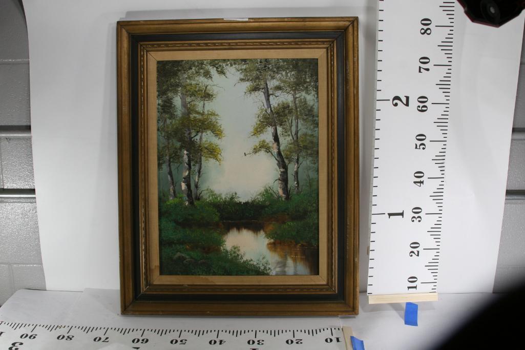 Oil Painting of Small Reflective Pond Surrounded By Trees by N. Cox 32 tall 26 wide