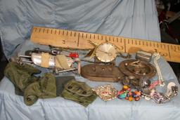 Box of Misc. Items, Vintage Clock, Various Necklaces, Arm Brace, Military Belt Pouches, etc.
