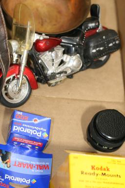 Wine Bottle Holder, Liquor Rack, Camera lens, leather bag, motorcycle toy figure, polaroid fil