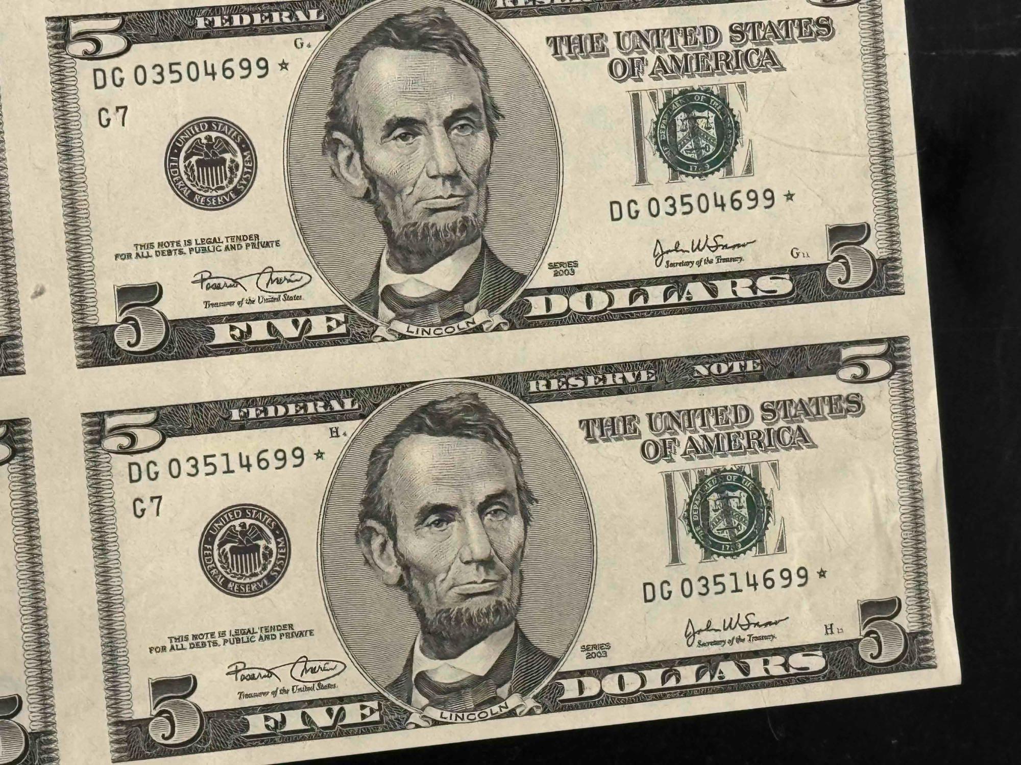 Uncut Sheet of 5 Dollar Bills 16 count Series 2003 Face Value $80