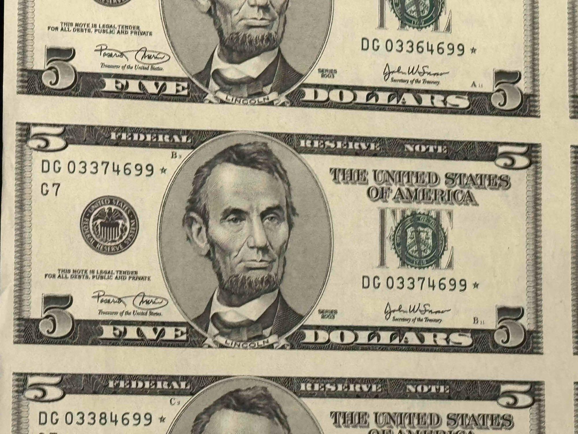 Uncut Sheet of 5 Dollar Bills 16 count Series 2003 Face Value $80