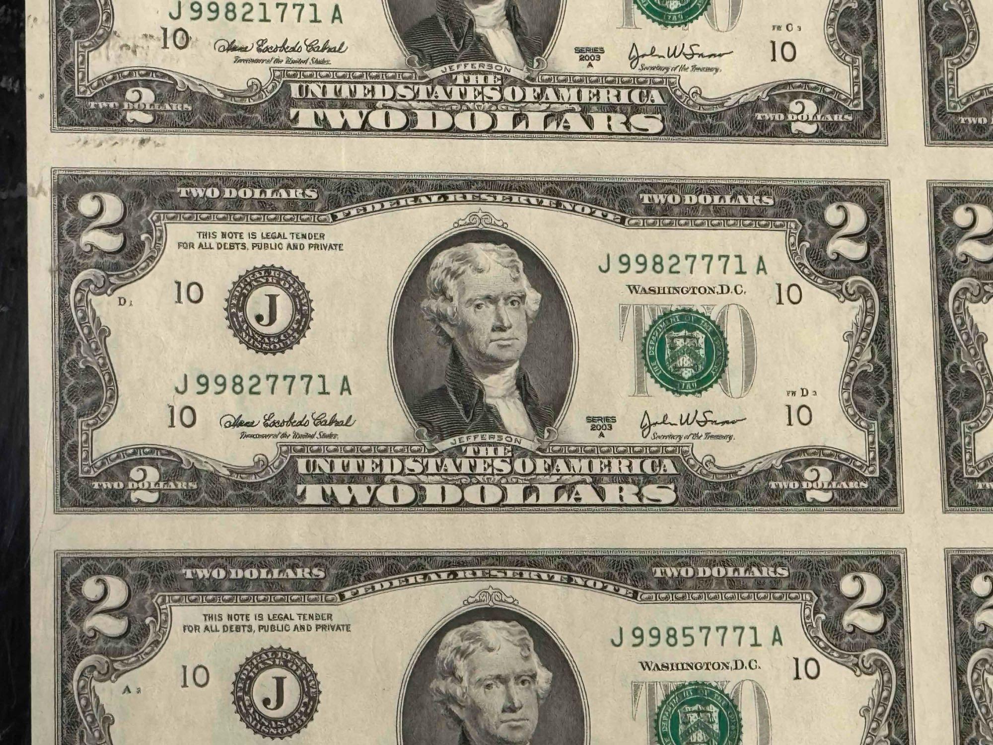 Uncut Sheet of $2 Bills 32 Count Series 2003 A $64 Face Value