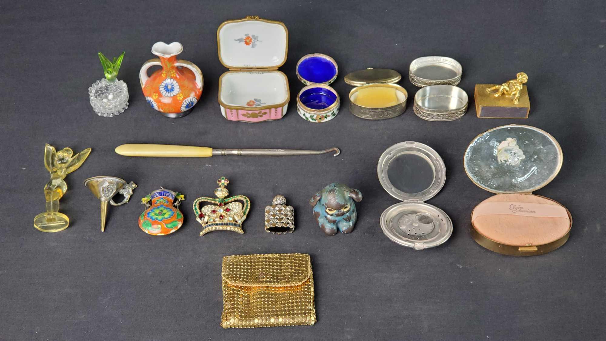 Lot of misc. vintage pill/trinket boxes mini mesh coin purse button hook small figurines etc.
