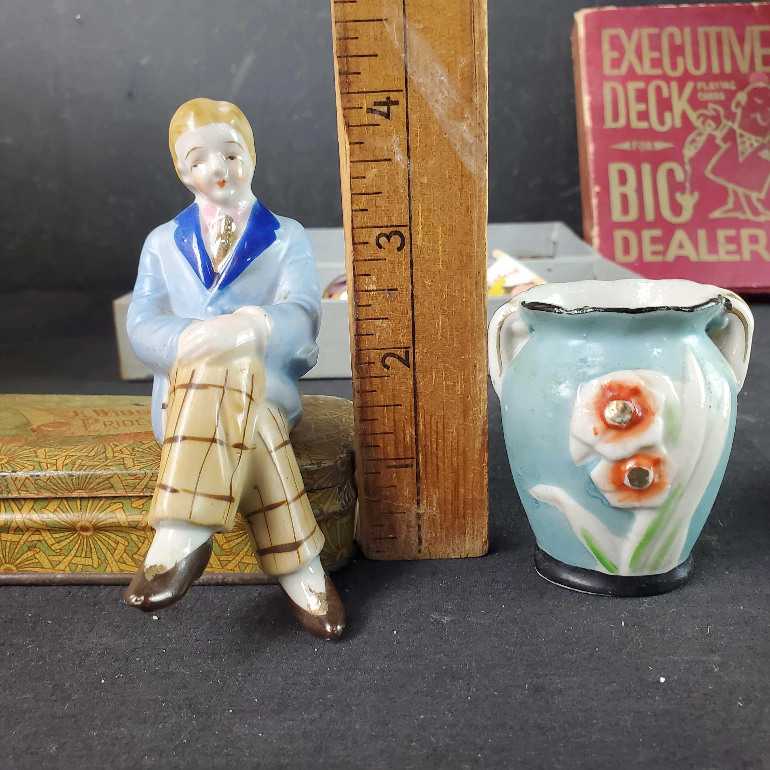 Japanese hand painted porcelain figure Katichina doll W/signature vintage glass woven pieces more