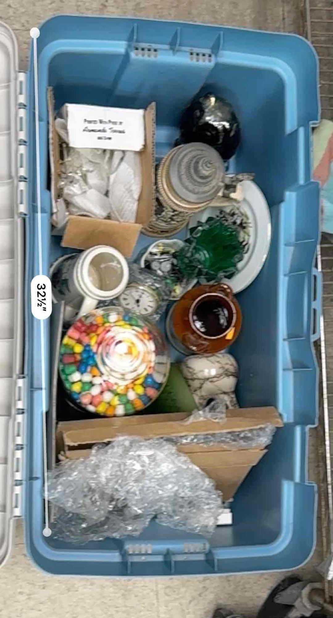 Large Bin Full of Glassware and decor. Gumball Machine, Large Stein more