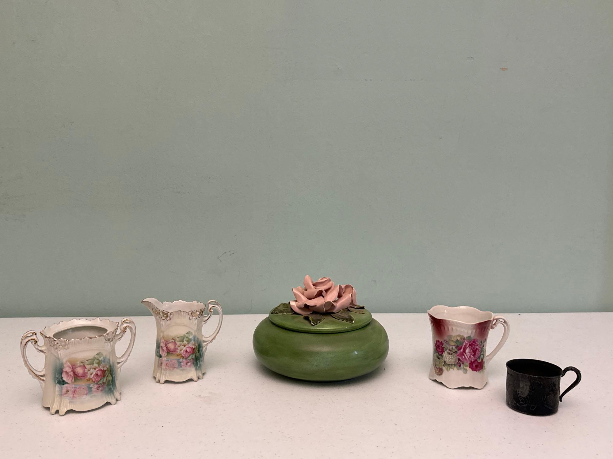 R.S. Prussia Sugar Bowl & Cream Pitcher, Ceramic Floral Dish & Carlton Silver Plate Childs Cup