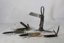 Five knives. Small K-Bar two blade folder with 2 inch main blade, small single blade Ducks Unlimited