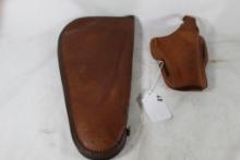 One leather right handed snap revolver holster and one sherpa lined pistol case. Used.