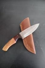 Two Damascus Fixed Blade Hunting Knives with 4 1/2" blade and leather sheath. New in box