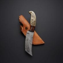 Two Damascus Tanto Hunting Knives with Camel Bone Handle, Wolf Embossed with 4 1/2" blade and