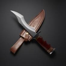 D2 Steel Bushcraft Hunting Knife with 9" blade and leather sheath, new in box