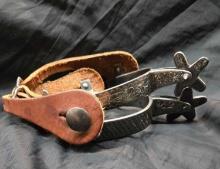Lady's spurs, engraved decoration, leather straps