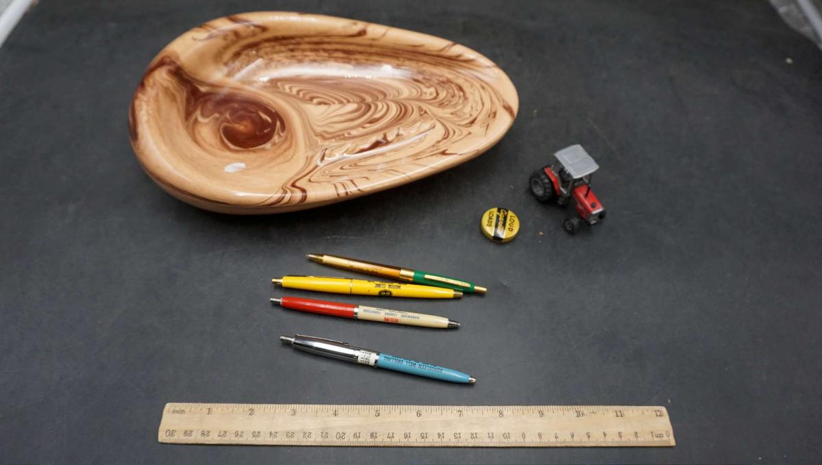 Toy Tractor, Pens, Wood Looking Dish