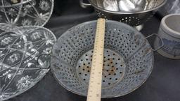 Glass Platters, Strainer, Colander & Stoneware Crock (Chipped)