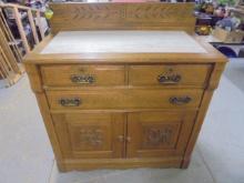 Beautiful Antique Ornate Solid Oak Buffet Side Board Server w/ Marble Top