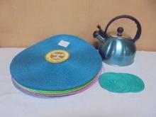Group of 16 Round Placemats-4 Coasters-Tea Kettle