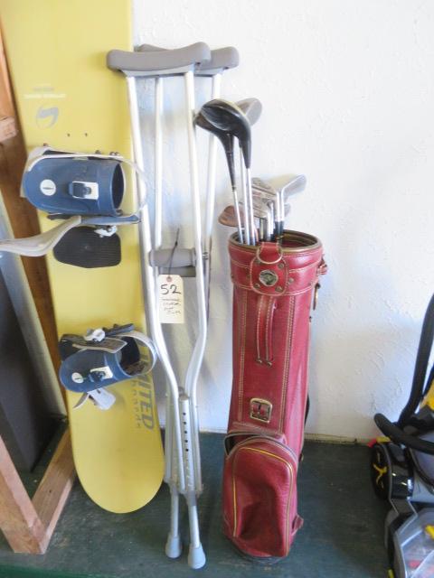 Snowboard, Golf Clubs, Crutches