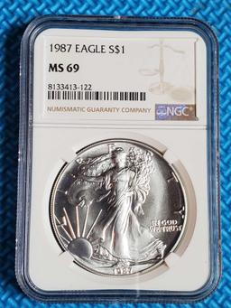 2 MS 69 NGC Silver American Eagle 1 Troy Oz .999 Silver Coins -1987 and 2021