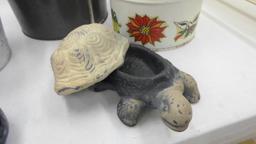 garden decor, turtle figure and candle and 3 metal bucket/planters