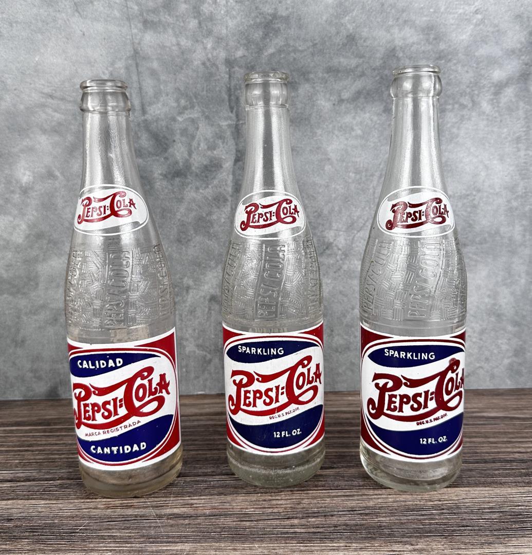 Group Of Pepsi Cola Red White & Blue Label Bottles