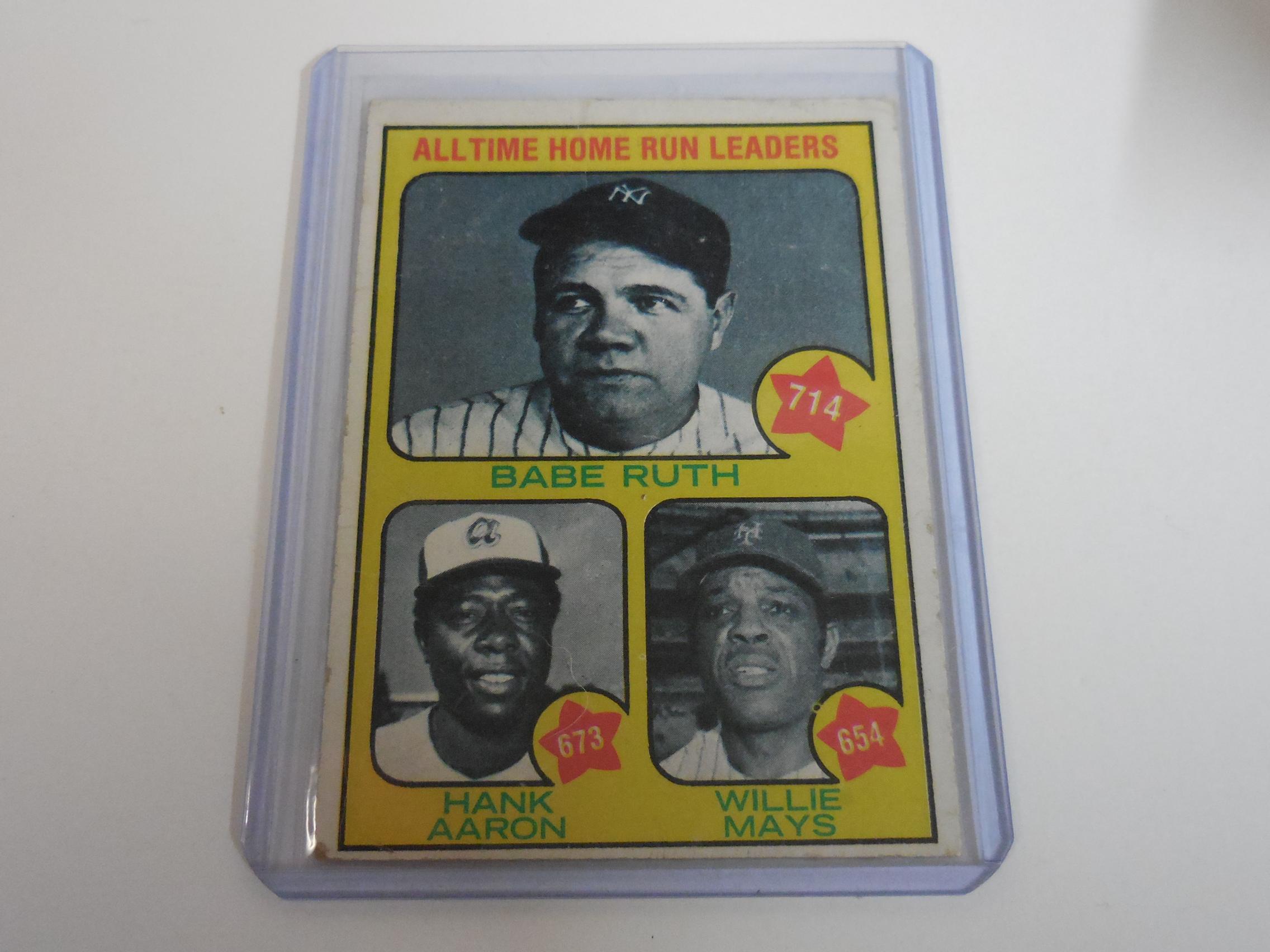 1973 TOPPS BASEBALL #1 ALL TIME HOME RUN LEADERS BABE RUTH HANK AARON WILLIE MAYS