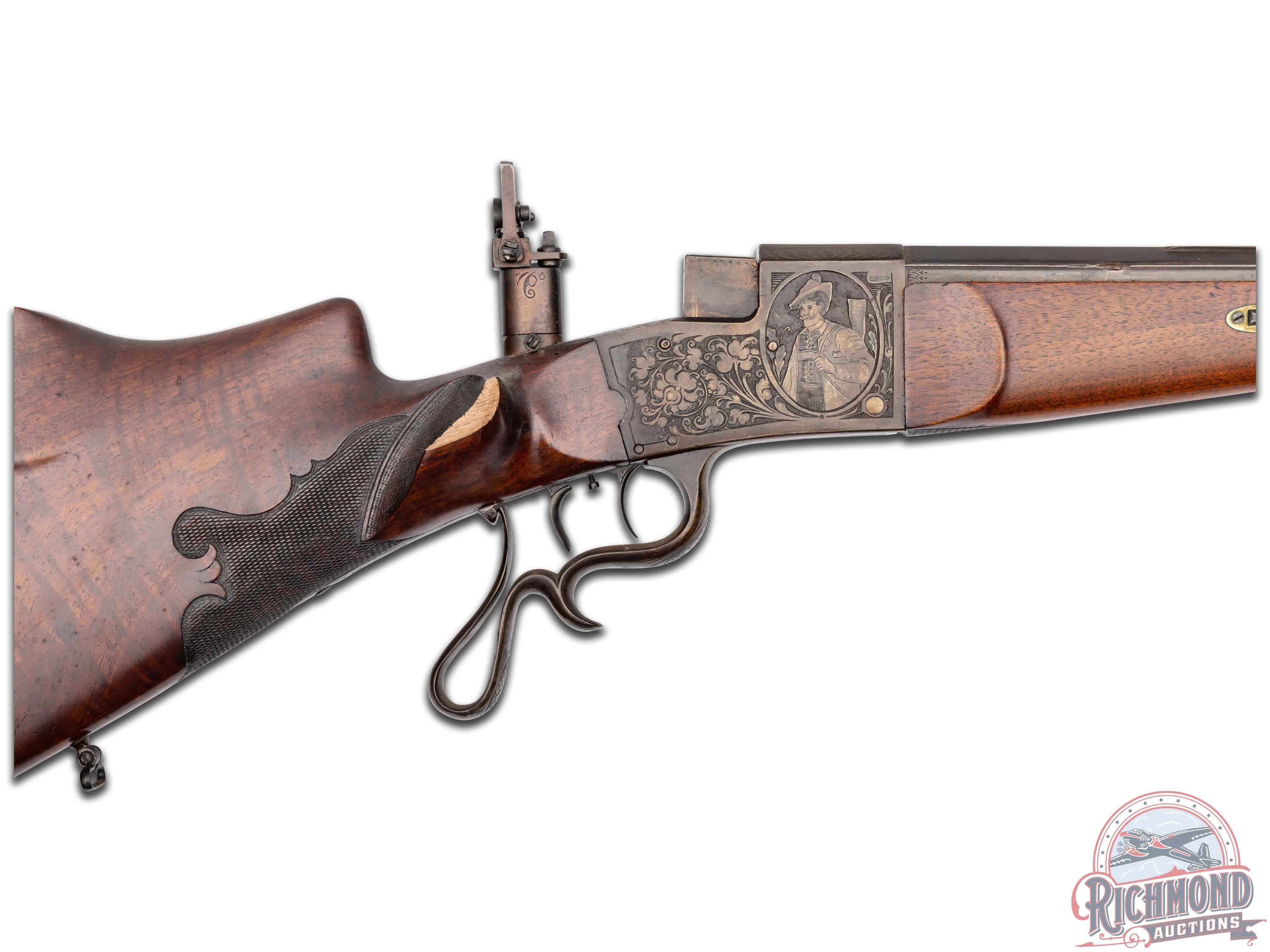 Heavily Engraved Early 20th Century German Schuetzen Falling Block Single Shot 8.15mm Rifle