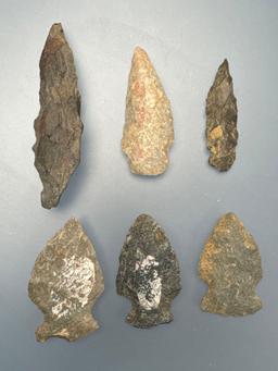 6 Nice Arrowheads, Points, Found in Northampton Co., PA, Longest is 2 1/2", Ex: Burley Museum Collec