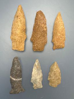 Lot of 6 Fine Points, Arrowheads, Colorful Quartzite, Longest is 2 5/8", Found in Cecil Co., Marylan
