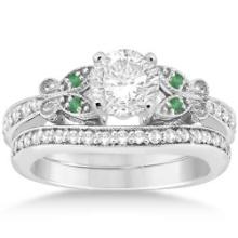 Butterfly Diamond and Emerald Bridal Set 14k White Gold 1.42ctw