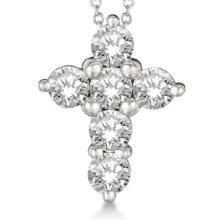 Prong Set Round Diamond Cross Pendant Necklace 14k White Gold 2.05ctw